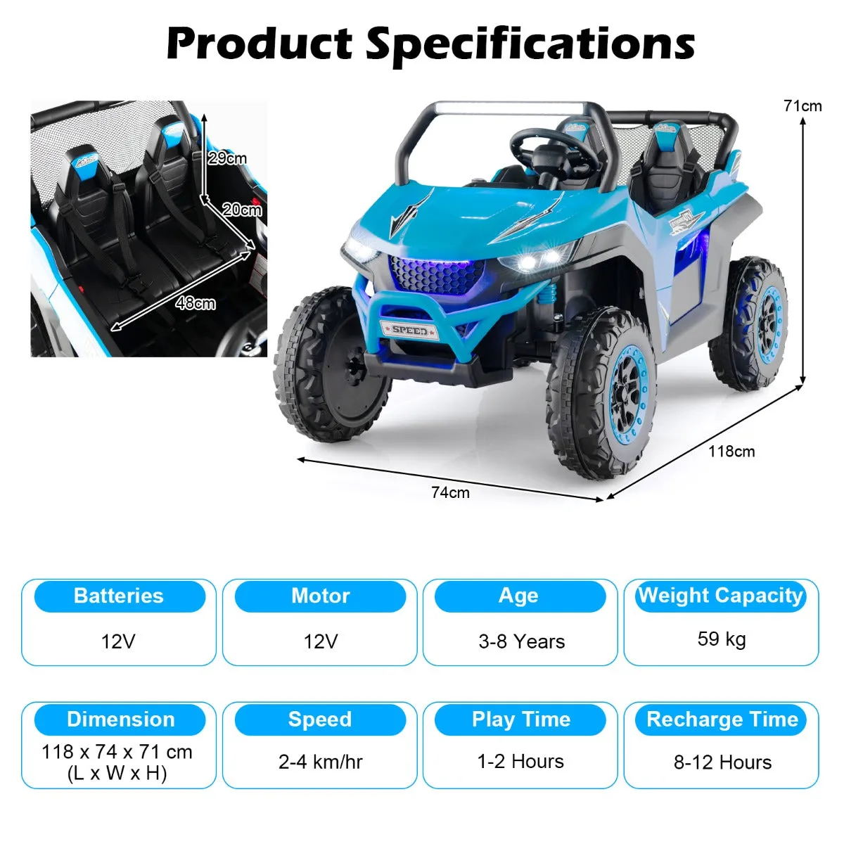 12V Battery Powered Electric Car 2-Seater Kids Ride on UTV-Blue