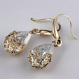 18K Gold Plated Stunning Infused Diamond Dust 6Ctw Crystal Dangling Earrings Basket with Flowers Design for Woman Special Occasion