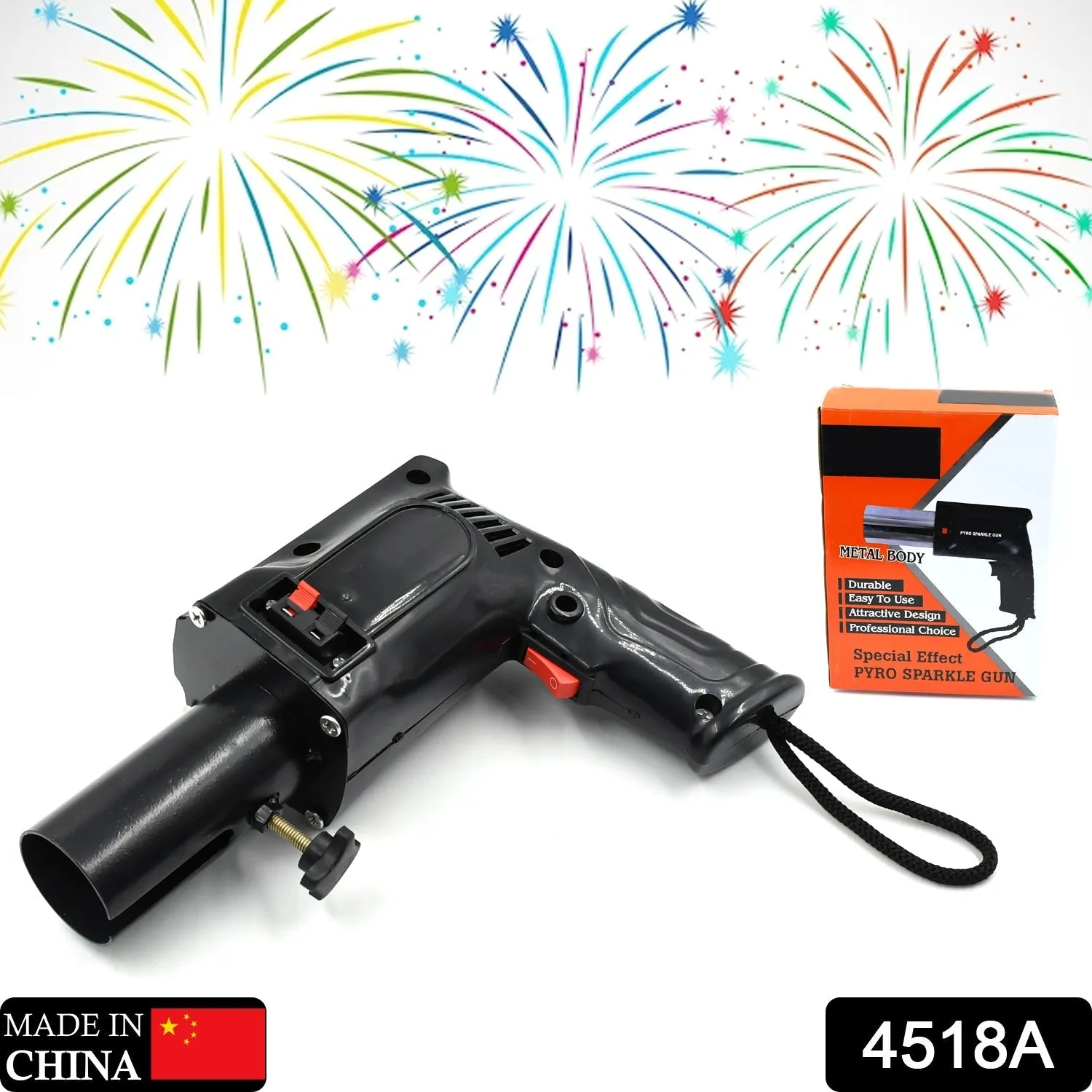 4518A PYRO PARTY METAL GUN HAND HELD GUN TOY FOR PARTIES FUNCTIONS EVENTS AND ALL KIND OF CELEBRATIONS, PLASTIC GUN, (PYROS NOT INCLUDED)