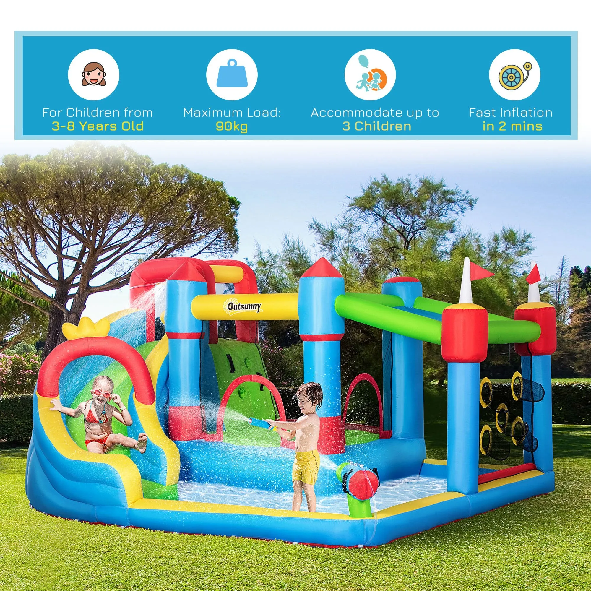 5 in 1 Kids Bounce Castle Large Castle Style Inflatable House Slide Trampoline Pool Water Gun Climbing Wall for Kids Age 3-8