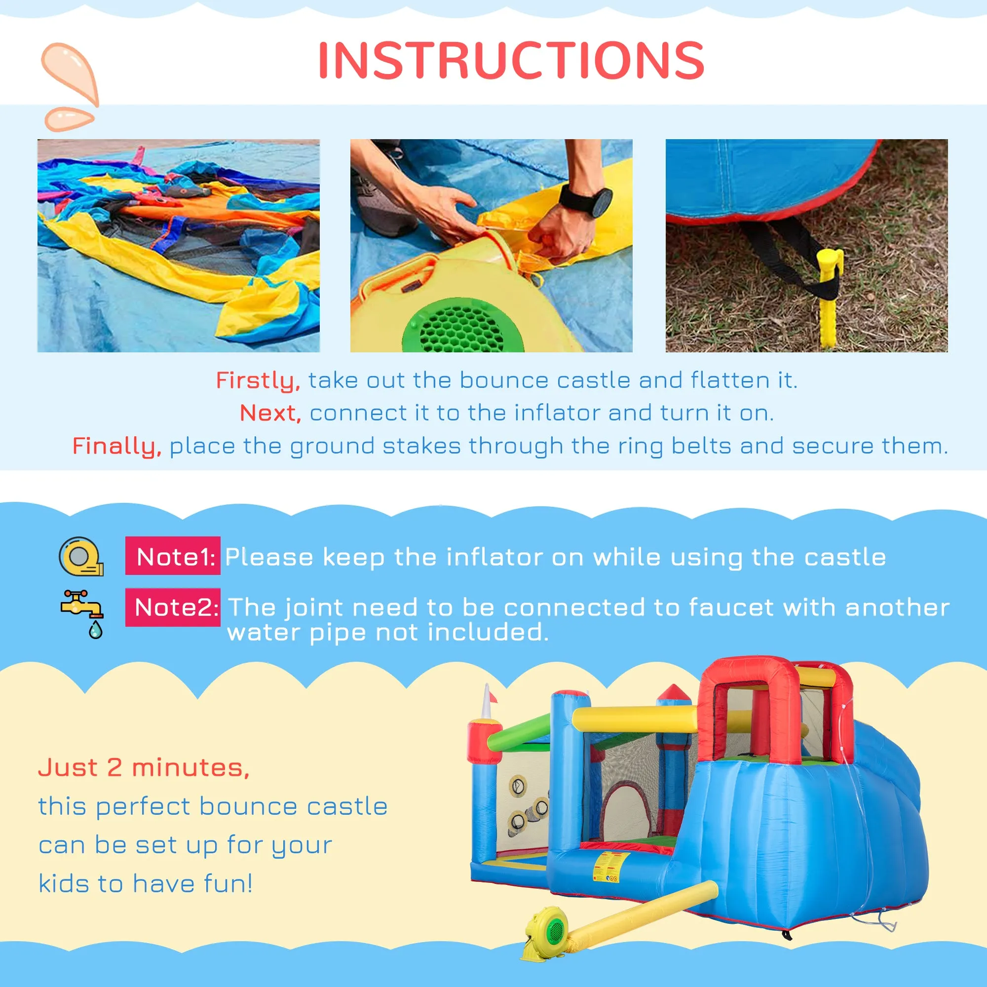 5 in 1 Kids Bounce Castle Large Castle Style Inflatable House Slide Trampoline Pool Water Gun Climbing Wall for Kids Age 3-8