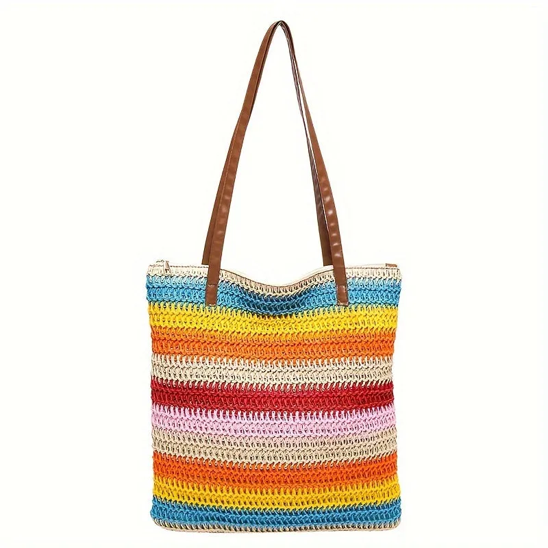 Beach Tote Bag For Women, Large Capacity Bag With Grid Pattern, Fashionable And Stylish Bag With Adjustable Shoulder Strap And Zipper Closure