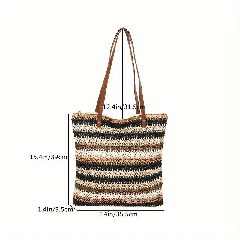 Beach Tote Bag For Women, Large Capacity Bag With Grid Pattern, Fashionable And Stylish Bag With Adjustable Shoulder Strap And Zipper Closure