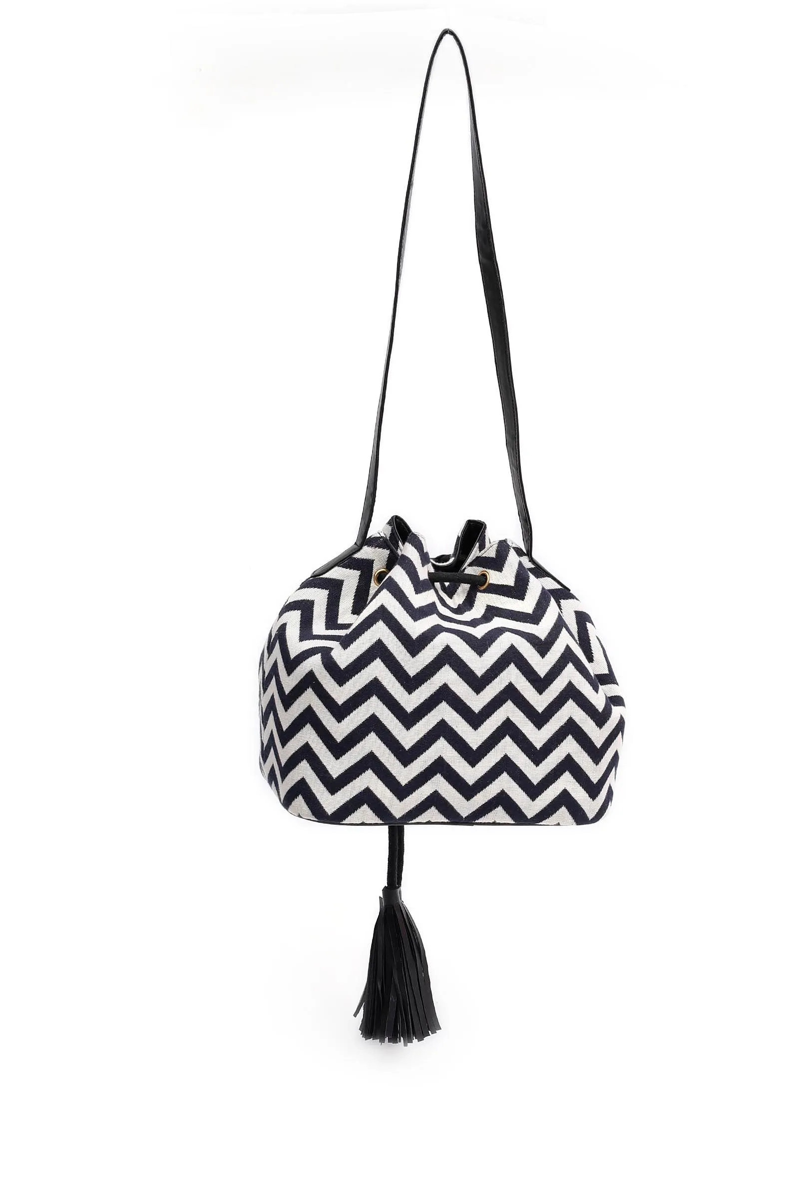 Black and White Zig Zag Jacquard Bucket Bag