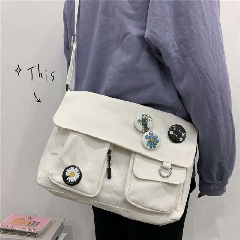 deanwangkt New Japanese High School Girls Canvas Bag Simple Large Capacity Crossbody Bags Women Multi-pockets Shoulder Bag Satchels Bolsos