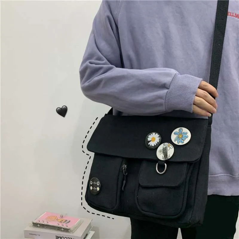 deanwangkt New Japanese High School Girls Canvas Bag Simple Large Capacity Crossbody Bags Women Multi-pockets Shoulder Bag Satchels Bolsos