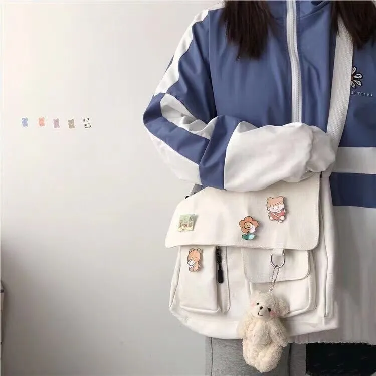 deanwangkt New Japanese High School Girls Canvas Bag Simple Large Capacity Crossbody Bags Women Multi-pockets Shoulder Bag Satchels Bolsos