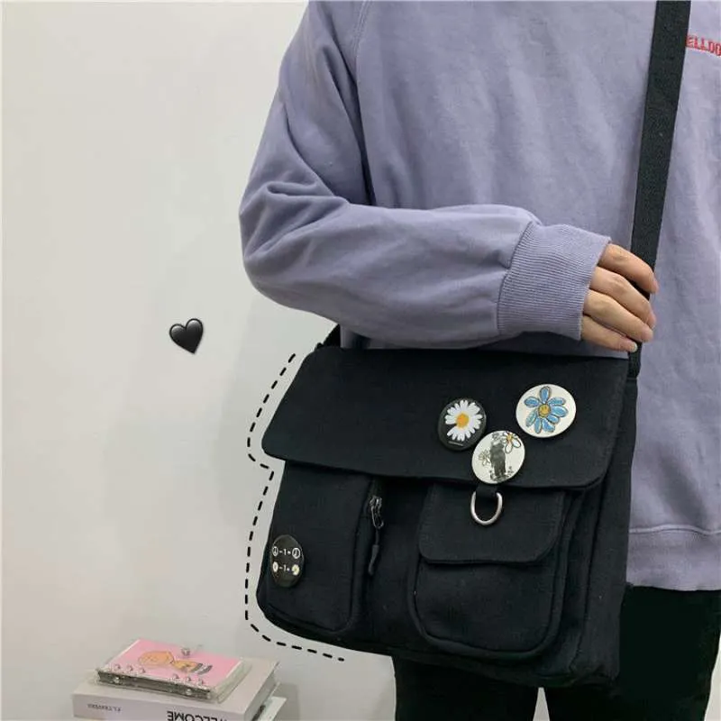 deanwangkt New Japanese High School Girls Canvas Bag Simple Large Capacity Crossbody Bags Women Multi-pockets Shoulder Bag Satchels Bolsos