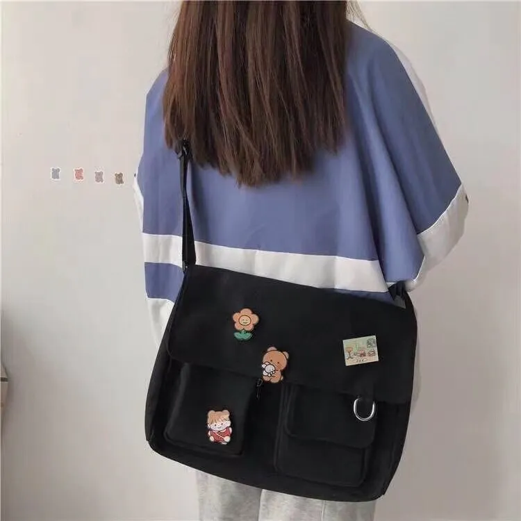 deanwangkt New Japanese High School Girls Canvas Bag Simple Large Capacity Crossbody Bags Women Multi-pockets Shoulder Bag Satchels Bolsos