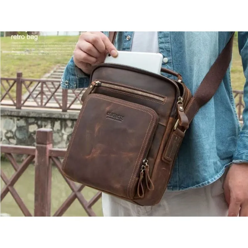 Elegant Crazy Horse Leather Men's Rugged Crossbody Bag