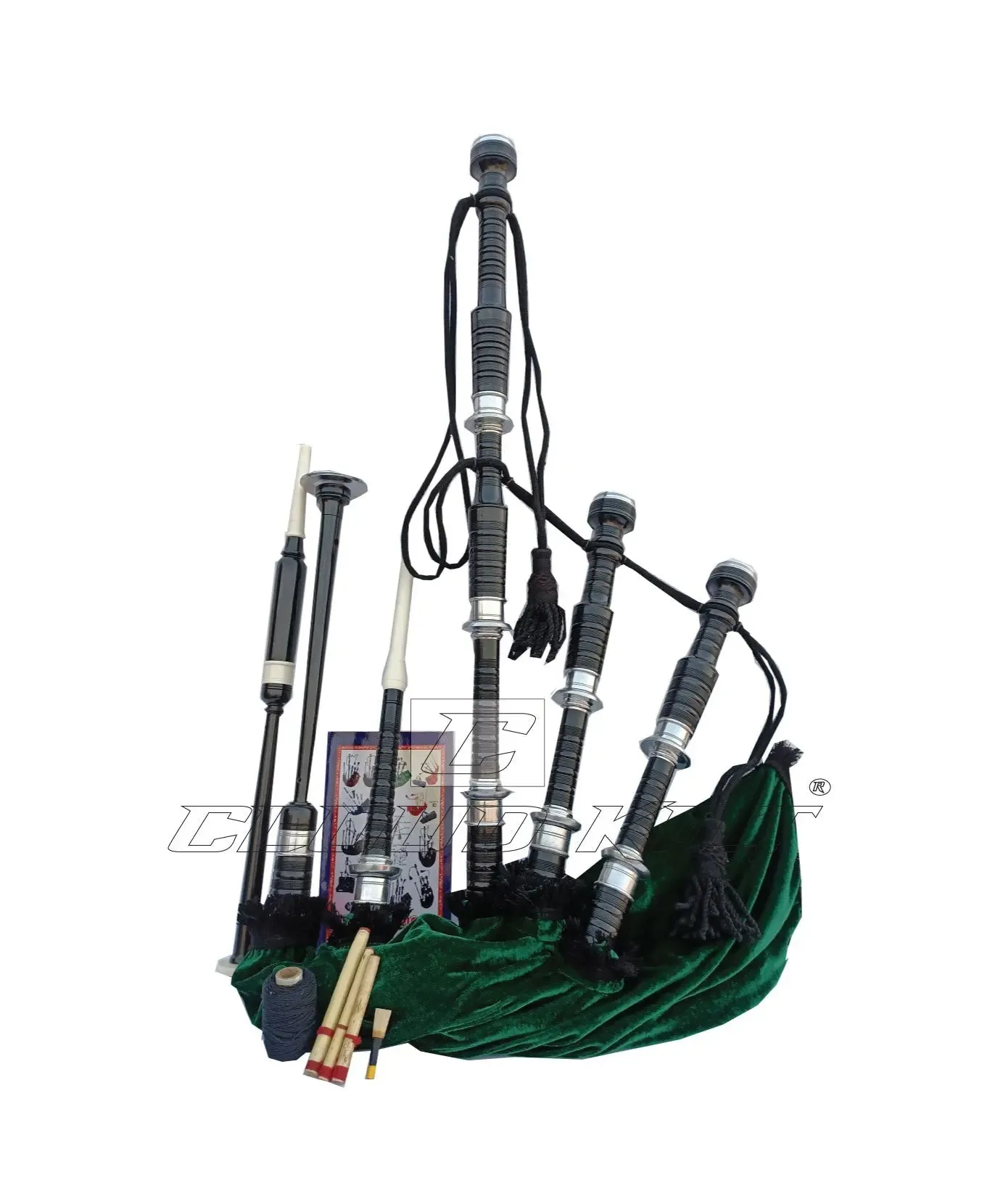 Green Velvet Bagpipe Set Silver & Black Finish With Hard Case