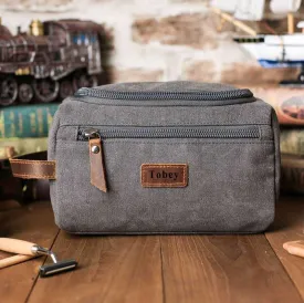 Groomsmen Gifts - Toiletry Bag, Dopp Kit, Brown Leather and Gray Canvas with Flip Top Open, Best Man, Groomsman, Wedding Gift,Christmas gift