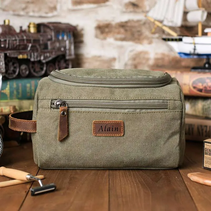 Groomsmen Gifts - Toiletry Bag, Dopp Kit, Brown Leather and Gray Canvas with Flip Top Open, Best Man, Groomsman, Wedding Gift,Christmas gift