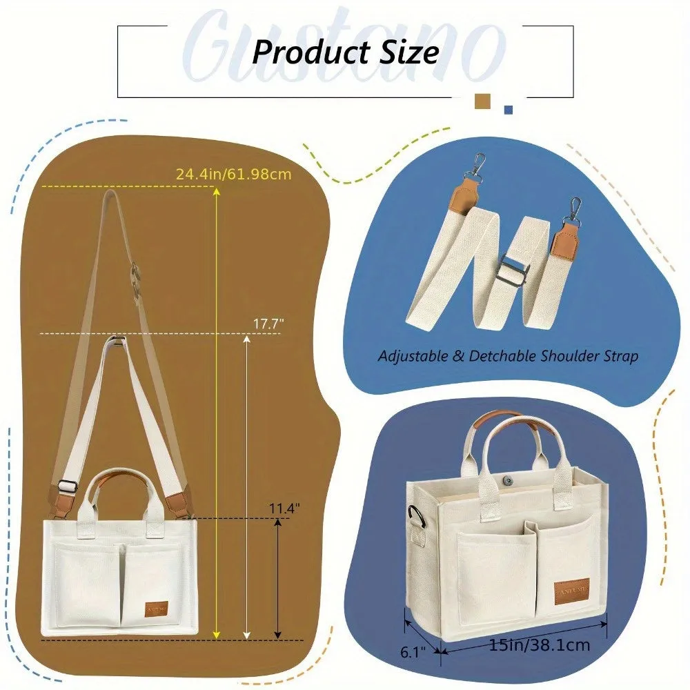 Ladies' Ample Capacity Canvas Tote Bag with Pockets, Suitable for Women, Mini Casual Crossbody Shoulder Bag Backpack, Handbag, Multifunctional Daily Bag for Work, Travel, Shopping