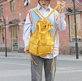 New outfit Design Double Front Pockets Simple Drawstring yellow Backpacks