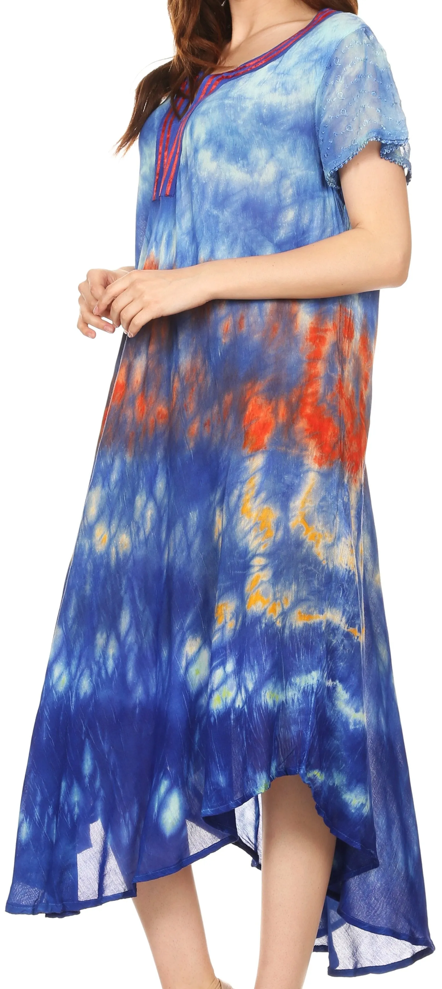 Sakkas Anita Short Sleeve Tie Dye Split Neck Dress / Cover Up