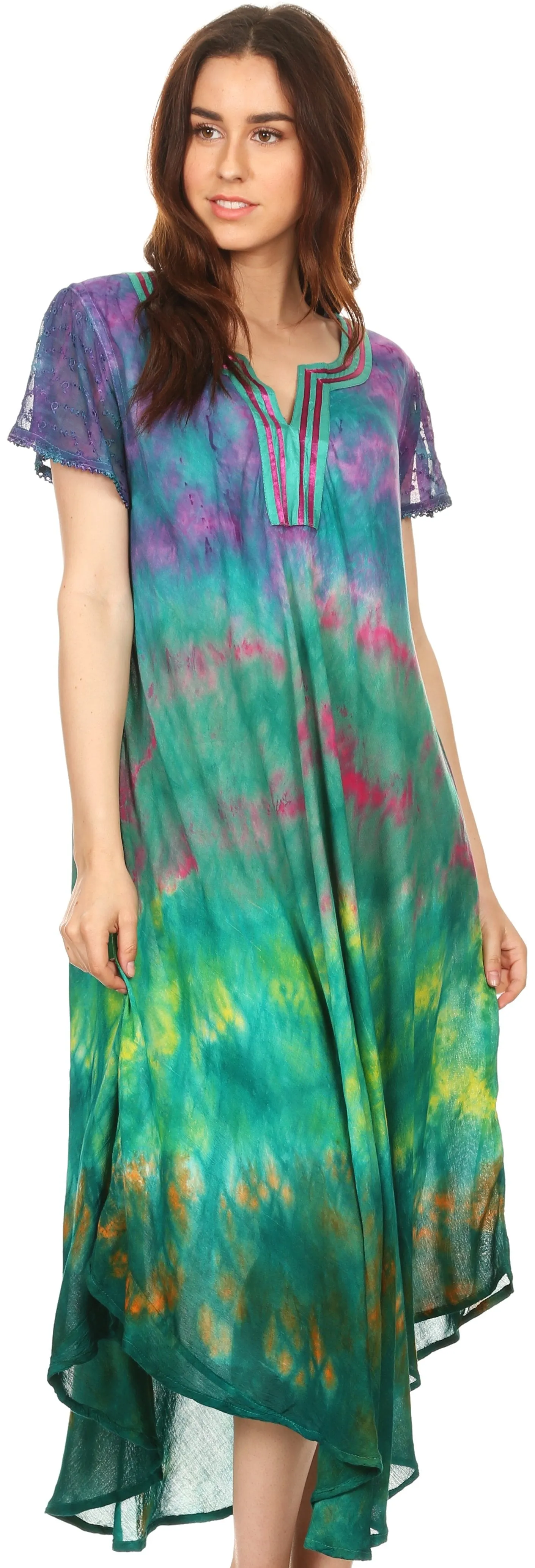 Sakkas Anita Short Sleeve Tie Dye Split Neck Dress / Cover Up