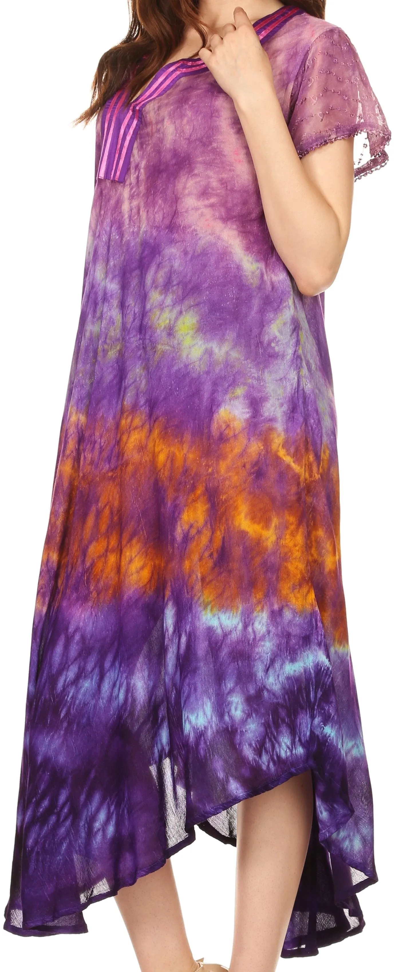 Sakkas Anita Short Sleeve Tie Dye Split Neck Dress / Cover Up