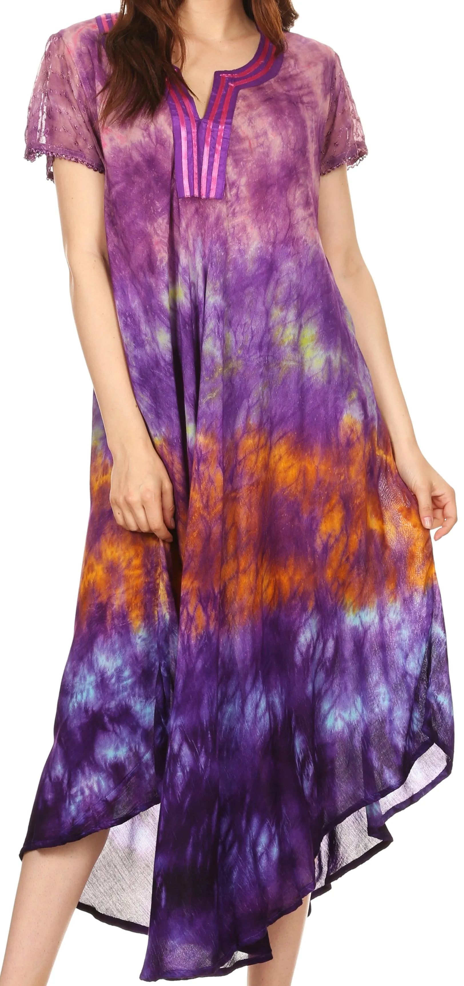 Sakkas Anita Short Sleeve Tie Dye Split Neck Dress / Cover Up