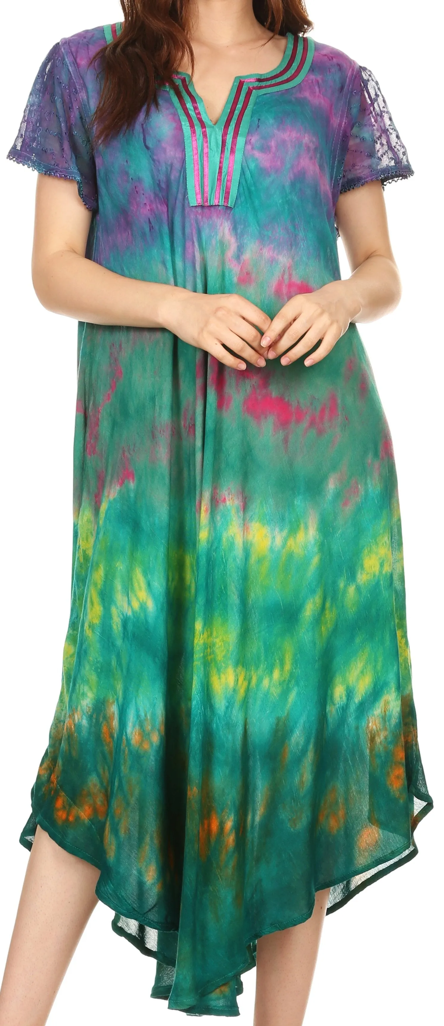 Sakkas Anita Short Sleeve Tie Dye Split Neck Dress / Cover Up