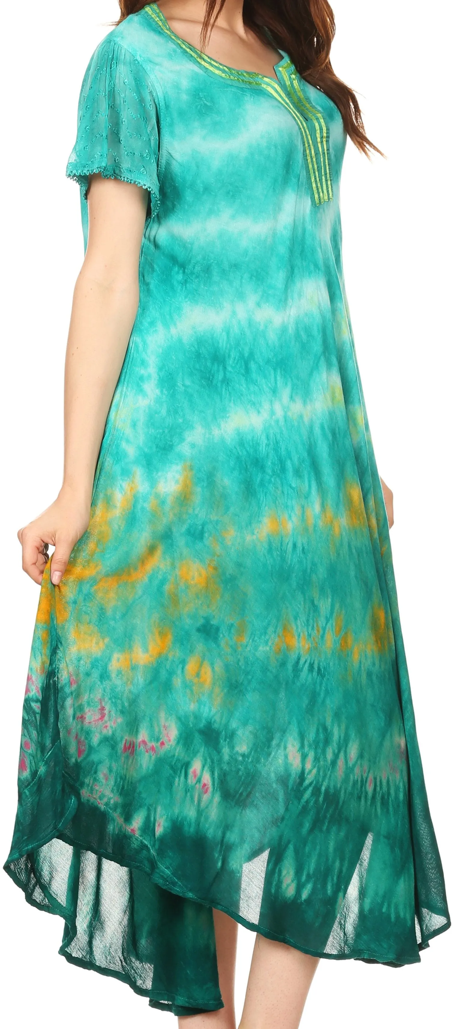 Sakkas Anita Short Sleeve Tie Dye Split Neck Dress / Cover Up