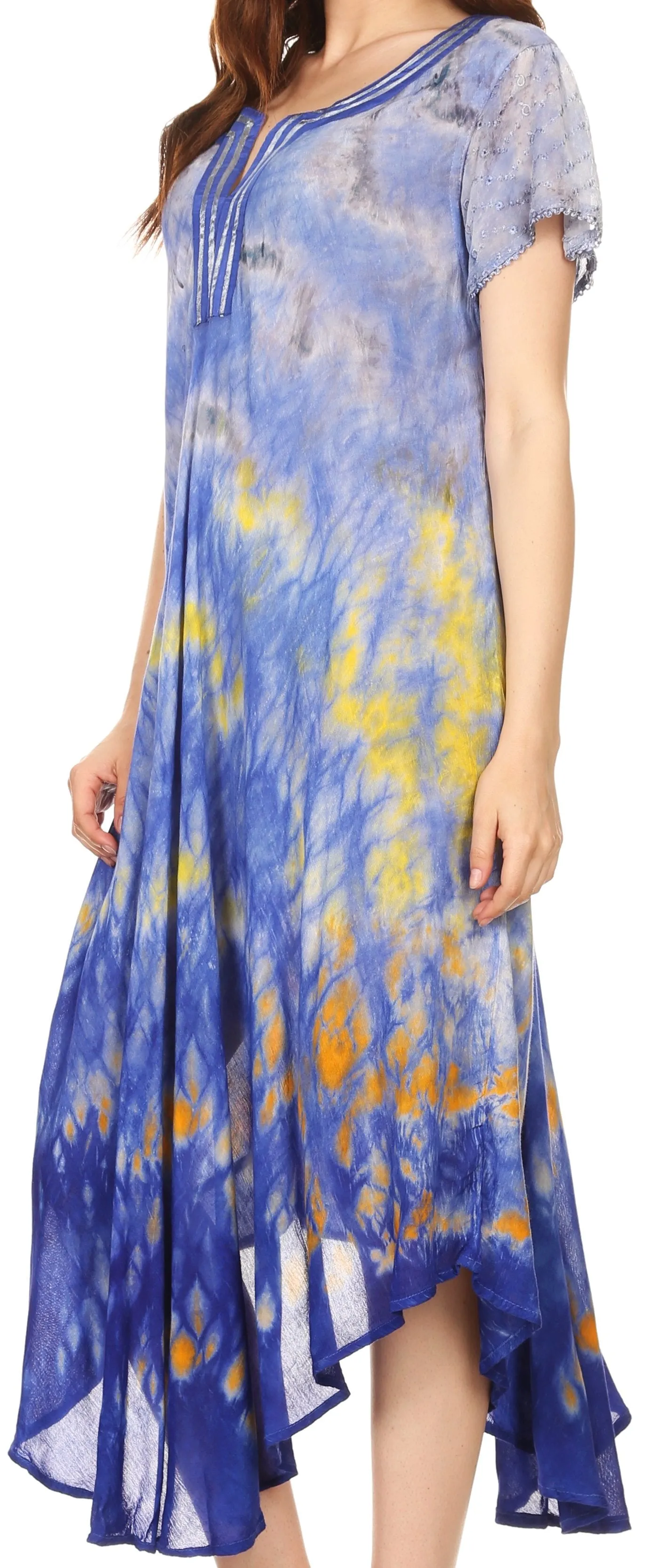 Sakkas Anita Short Sleeve Tie Dye Split Neck Dress / Cover Up