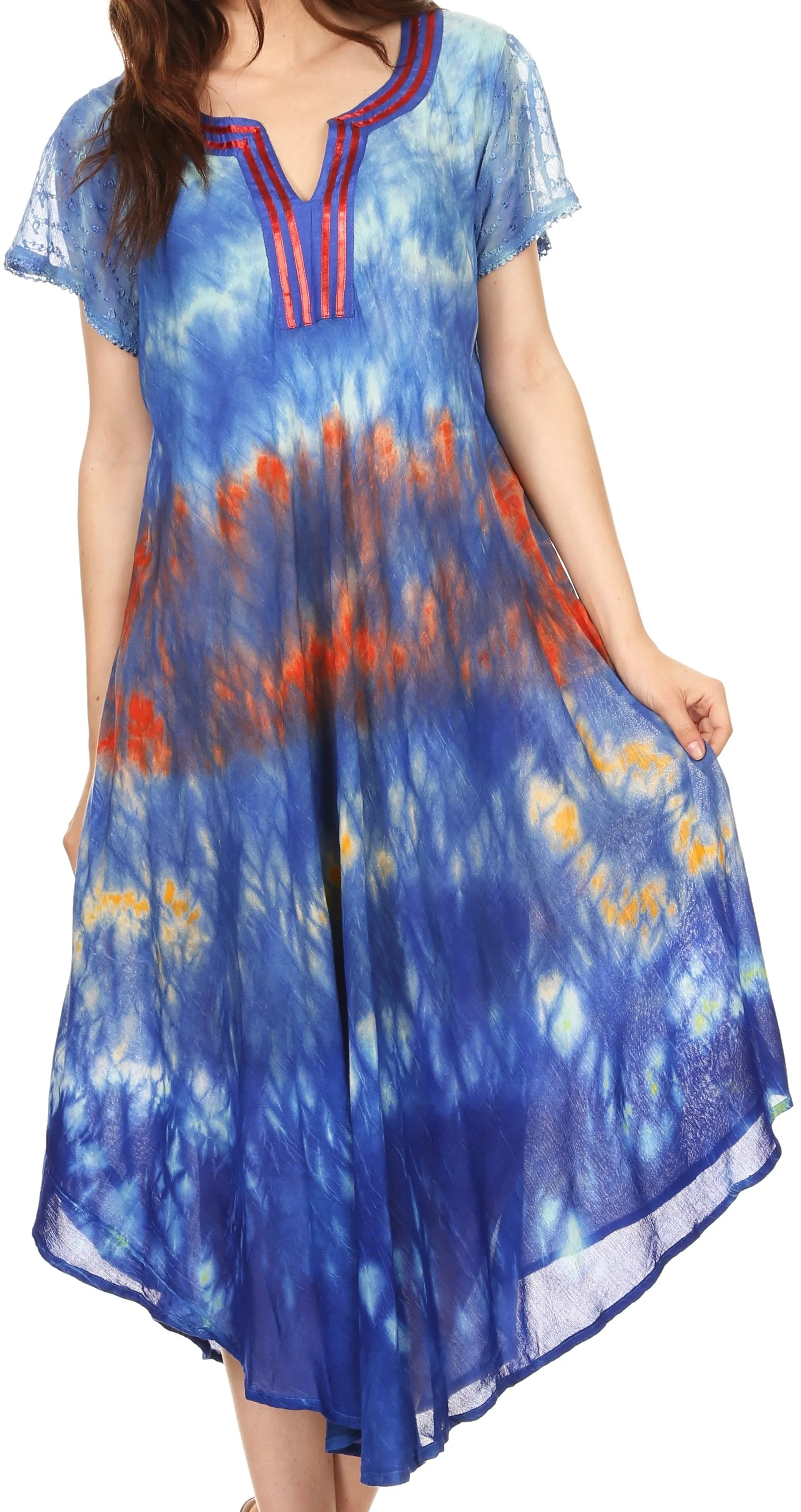 Sakkas Anita Short Sleeve Tie Dye Split Neck Dress / Cover Up