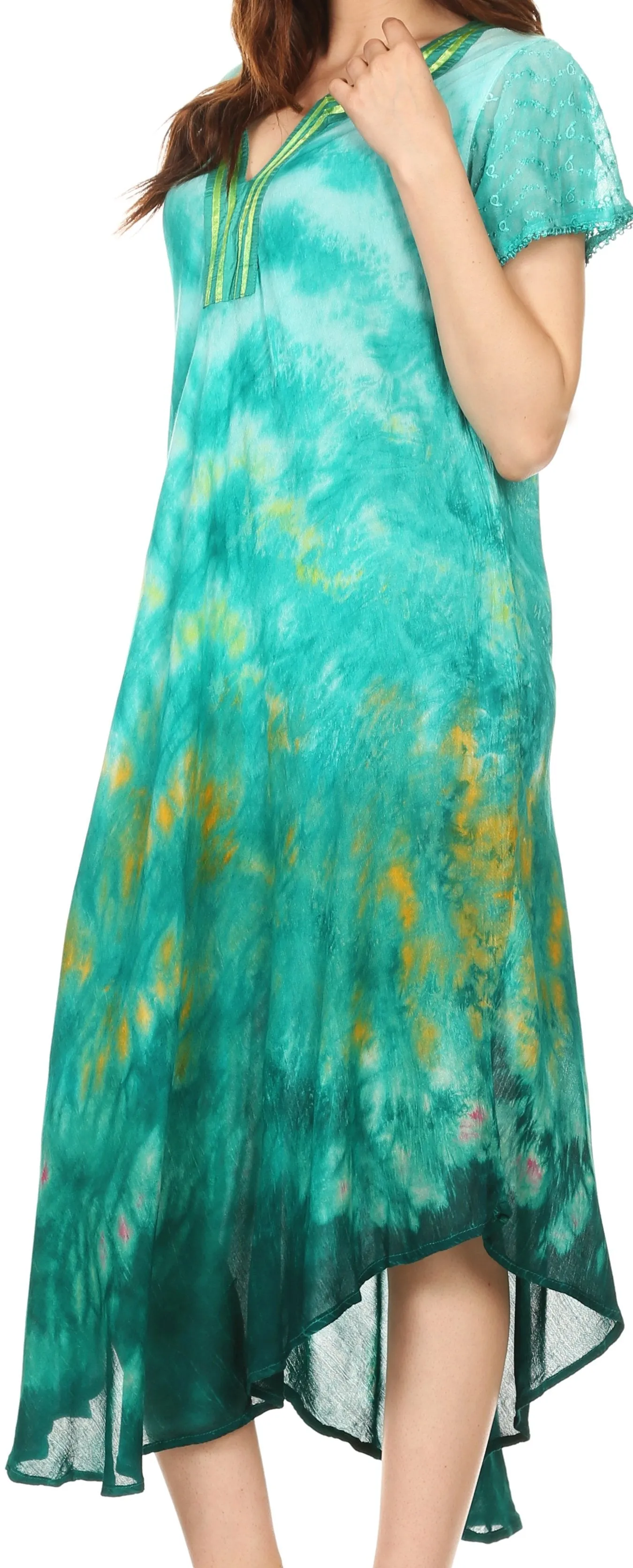 Sakkas Anita Short Sleeve Tie Dye Split Neck Dress / Cover Up