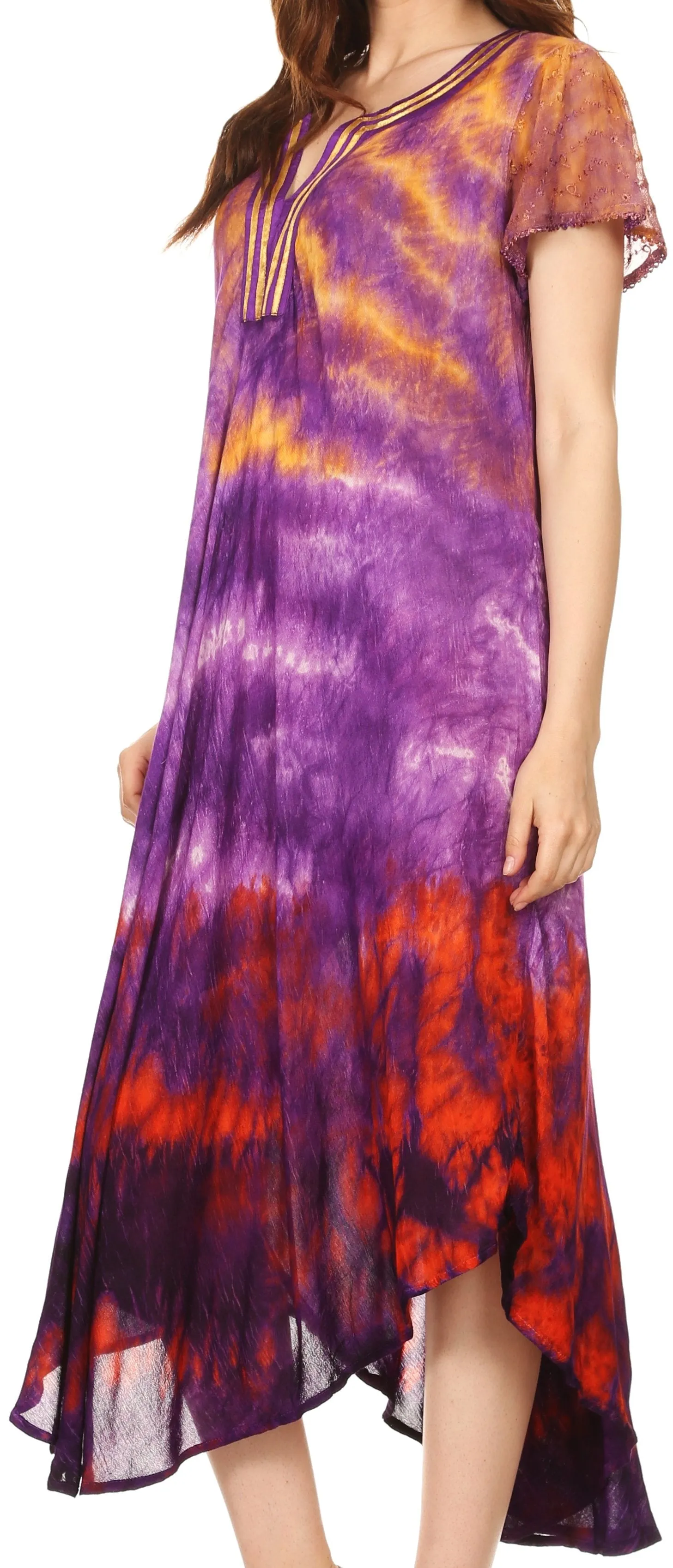 Sakkas Anita Short Sleeve Tie Dye Split Neck Dress / Cover Up