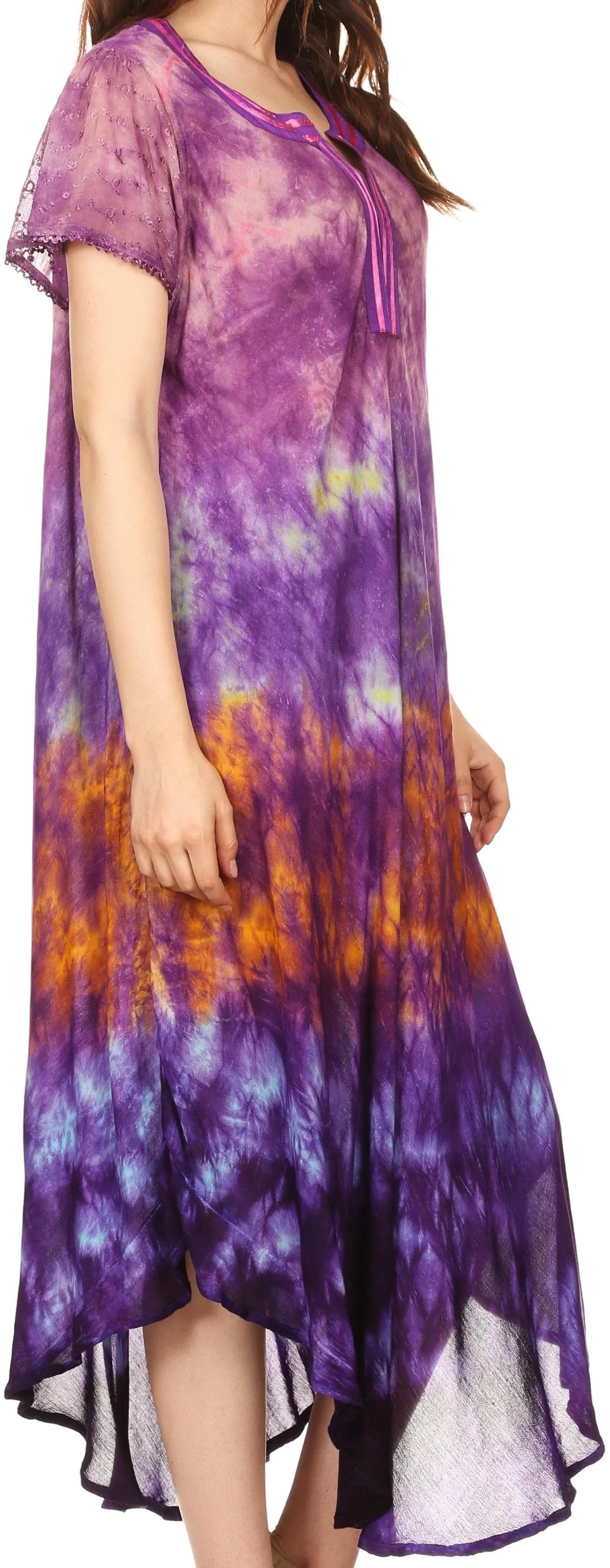 Sakkas Anita Short Sleeve Tie Dye Split Neck Dress / Cover Up