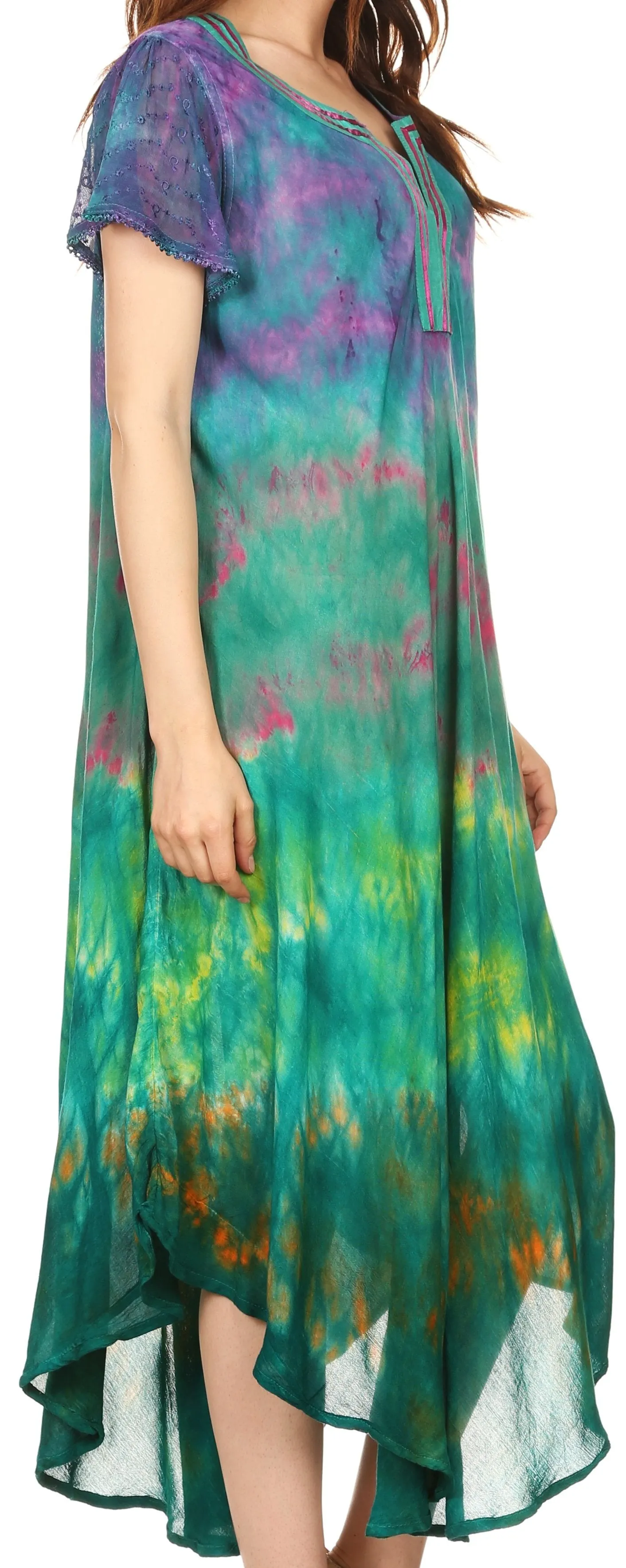 Sakkas Anita Short Sleeve Tie Dye Split Neck Dress / Cover Up