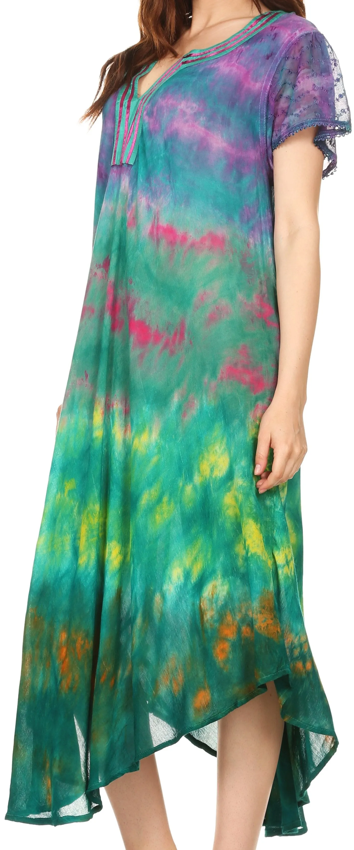 Sakkas Anita Short Sleeve Tie Dye Split Neck Dress / Cover Up