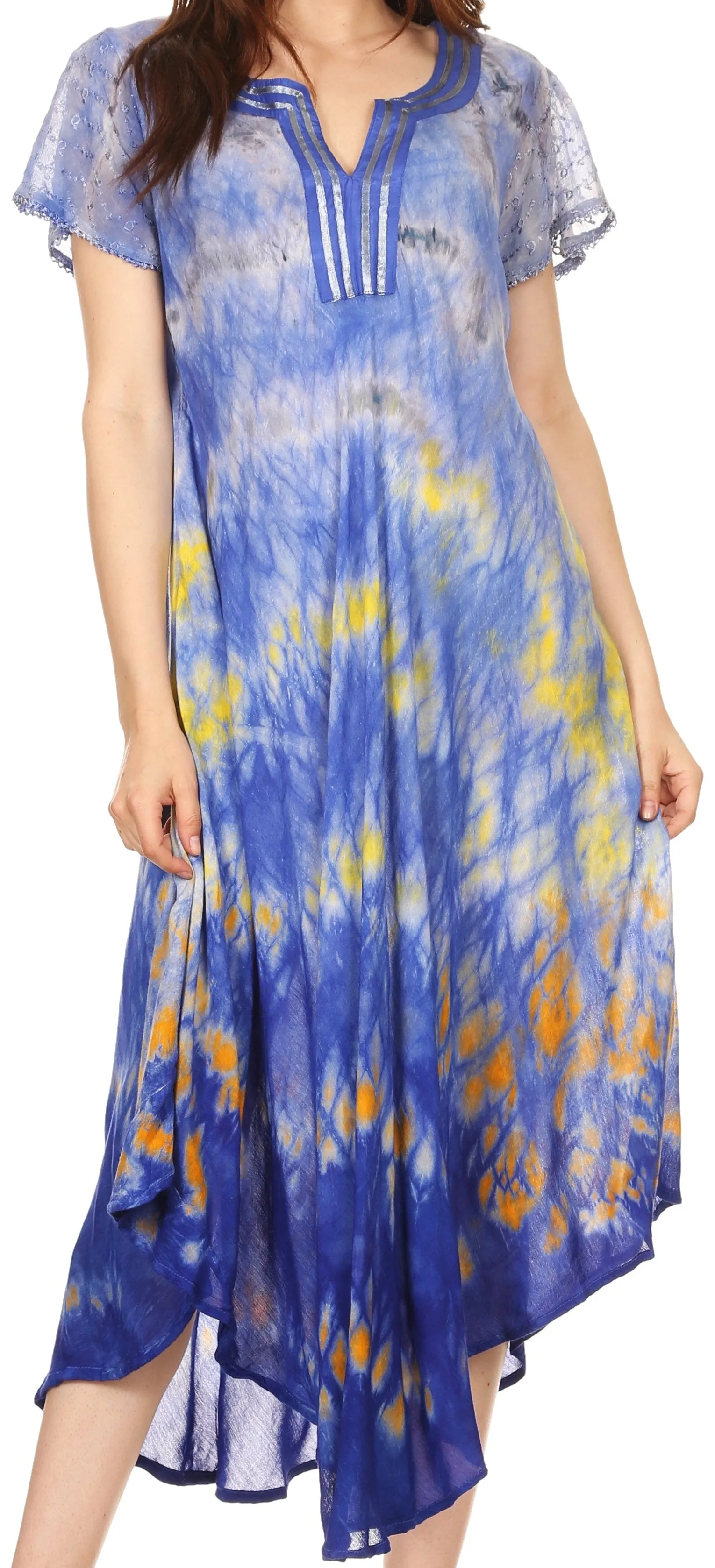 Sakkas Anita Short Sleeve Tie Dye Split Neck Dress / Cover Up