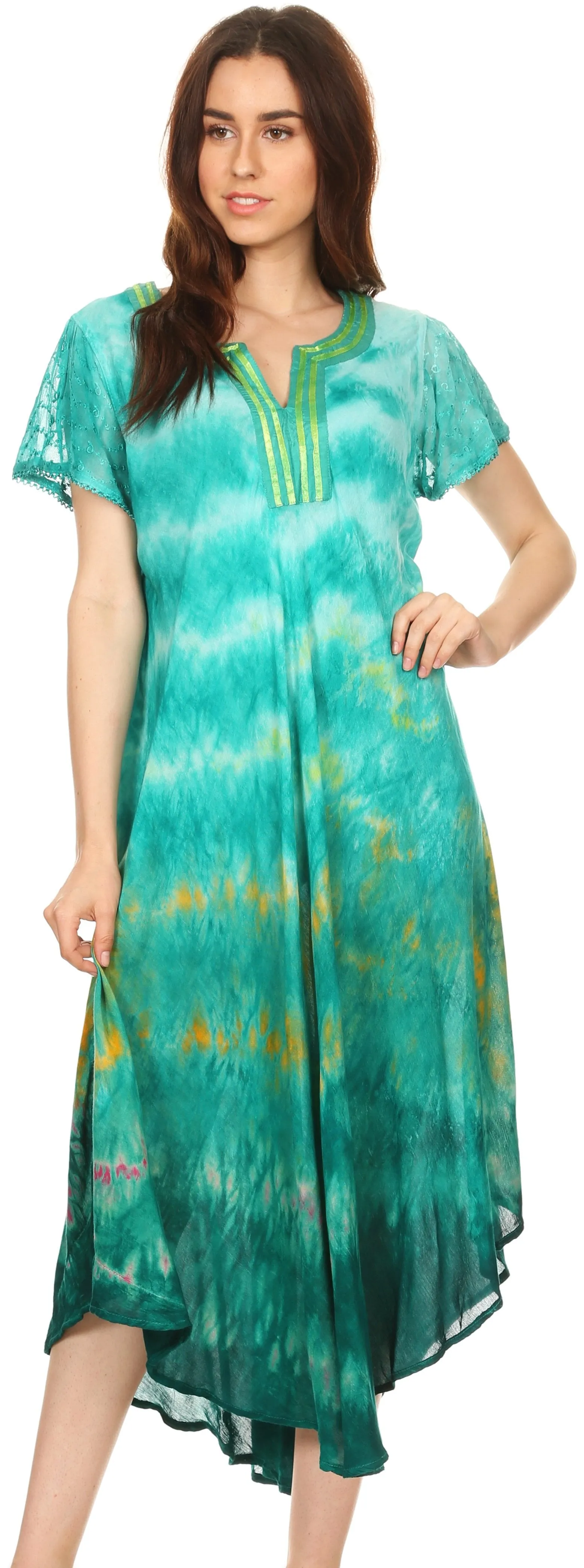 Sakkas Anita Short Sleeve Tie Dye Split Neck Dress / Cover Up