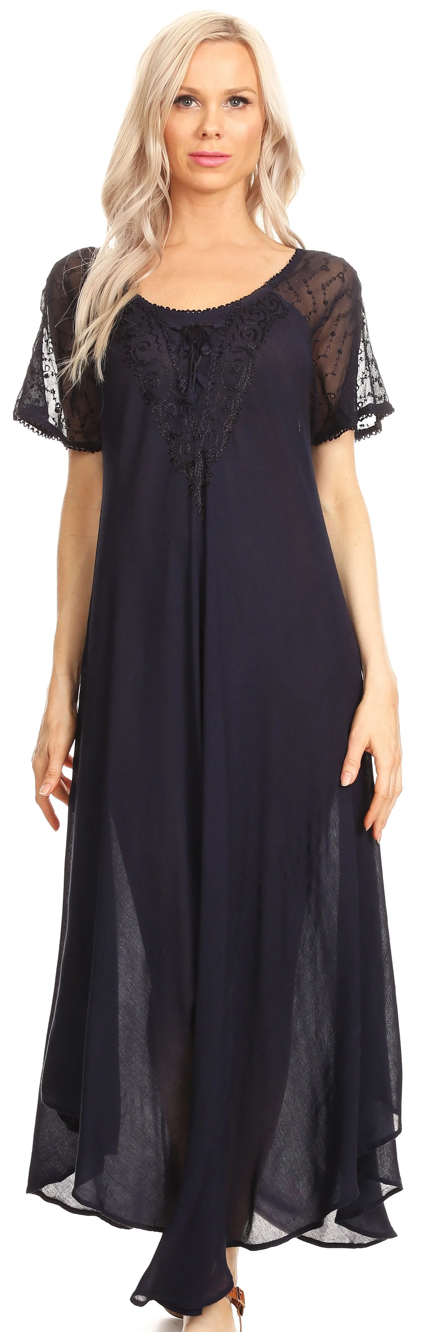 Sakkas Hayden Embroidered Lace-Up Caftan Dress / Cover Up with Eyelet Sleeves