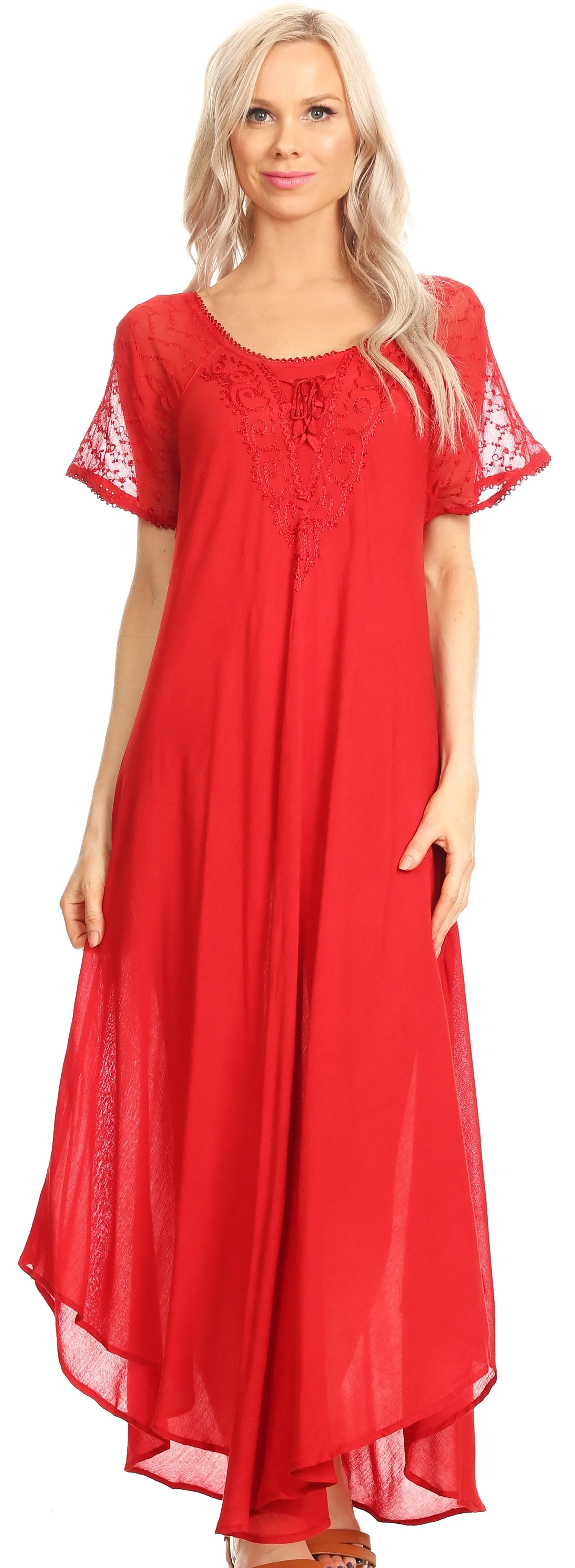 Sakkas Hayden Embroidered Lace-Up Caftan Dress / Cover Up with Eyelet Sleeves