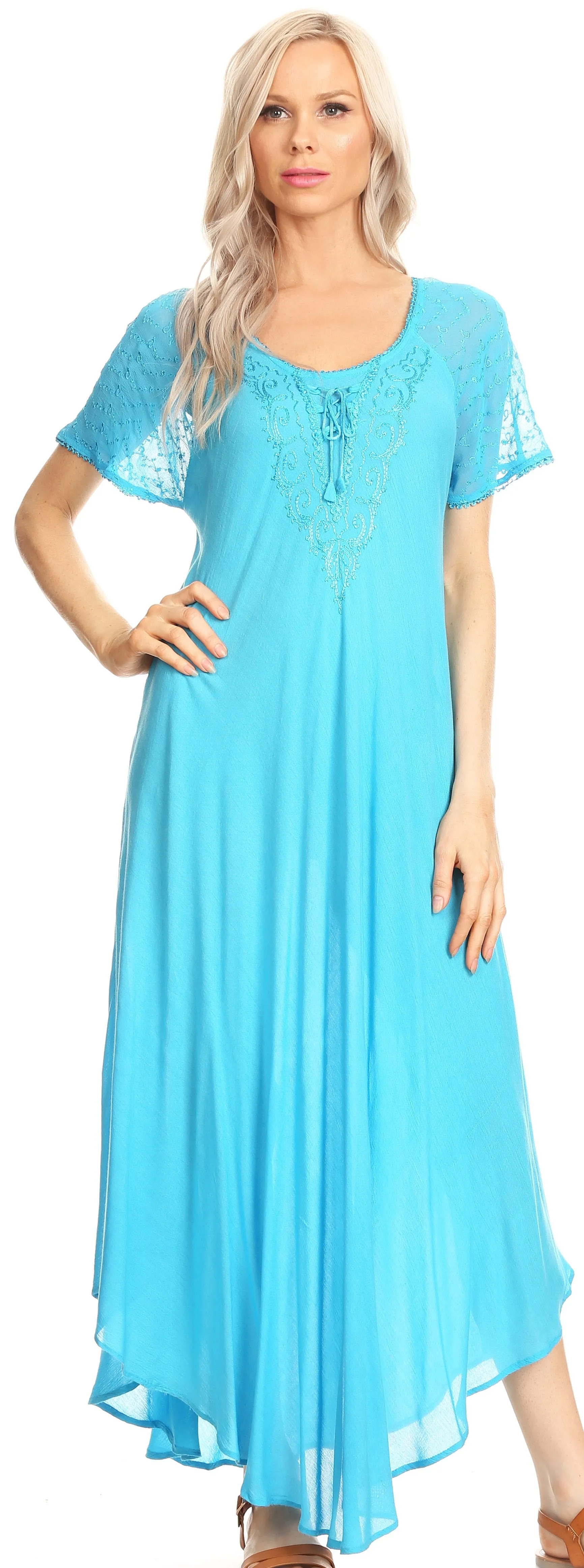 Sakkas Hayden Embroidered Lace-Up Caftan Dress / Cover Up with Eyelet Sleeves