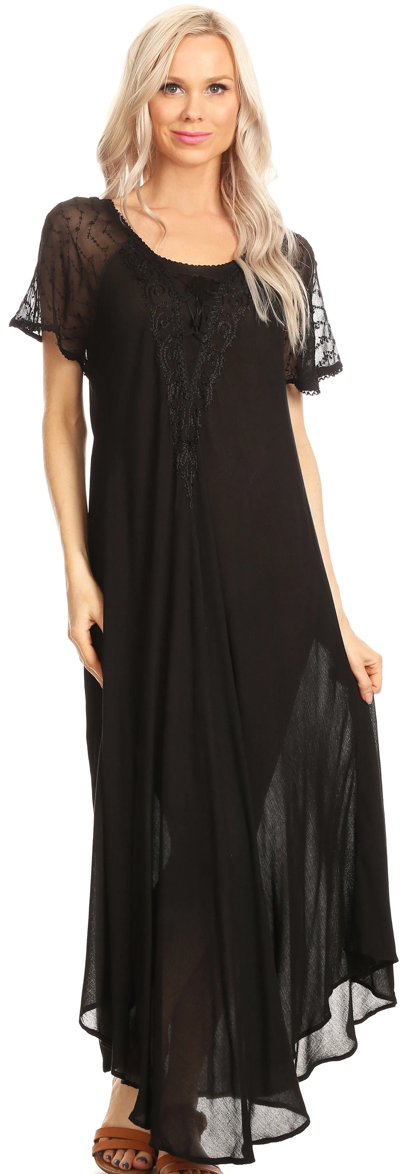 Sakkas Hayden Embroidered Lace-Up Caftan Dress / Cover Up with Eyelet Sleeves