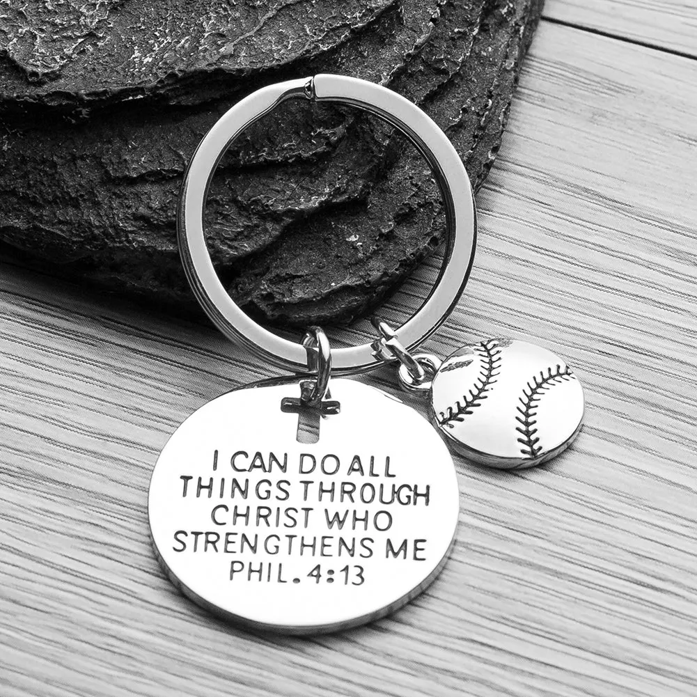 Softball Faith Charm Keychain, I Can Do All Things Through Christ Who Strengthens Me