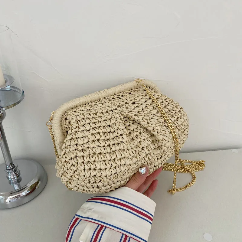 Straw Woven Fashion Chain Woven Hollowed Shoulder Bag  Spring and Summer New Niche Women Bag Casual Clipped Button Messenger Bag