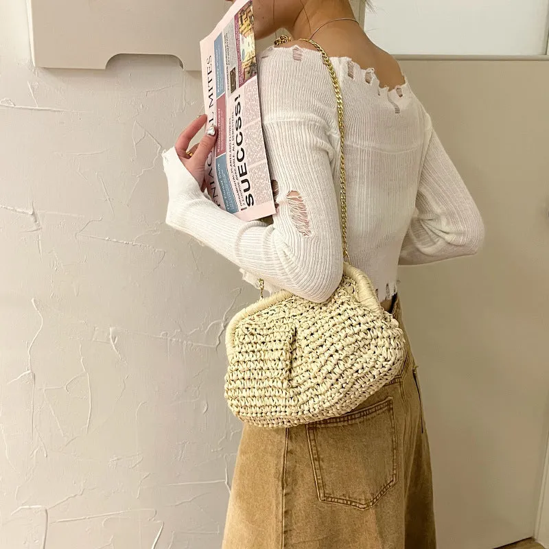 Straw Woven Fashion Chain Woven Hollowed Shoulder Bag  Spring and Summer New Niche Women Bag Casual Clipped Button Messenger Bag