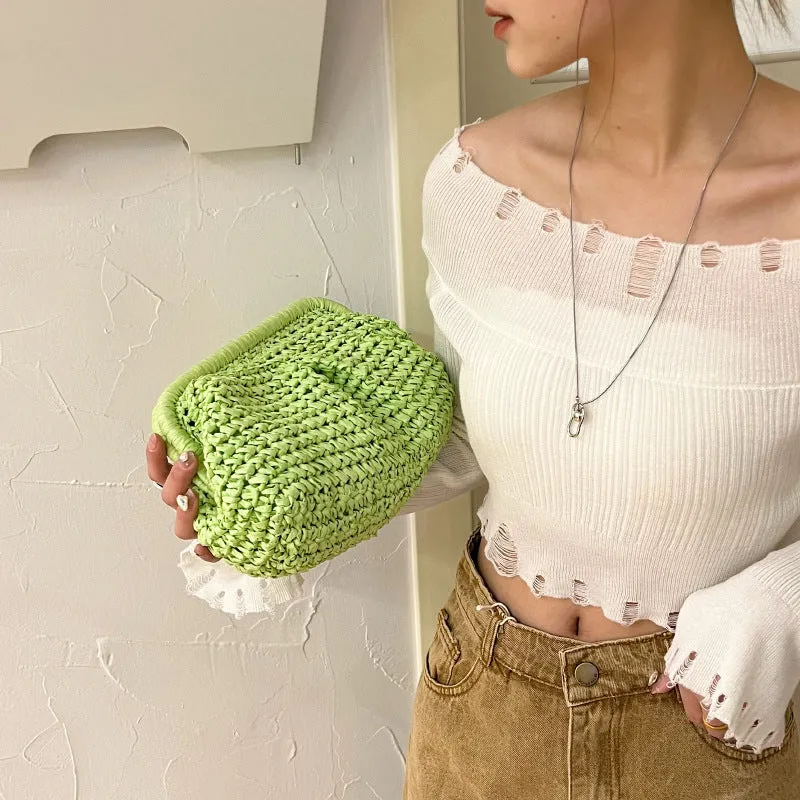 Straw Woven Fashion Chain Woven Hollowed Shoulder Bag  Spring and Summer New Niche Women Bag Casual Clipped Button Messenger Bag