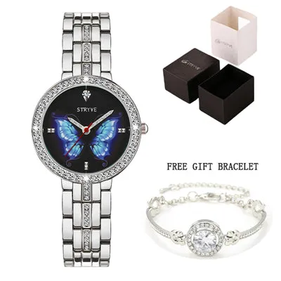 Stryve New Designer Ladies Watch Alloy Fashion Butterfly Crystal Dial Waterproof Quartz Luxury Women Watches With Free Bracelets