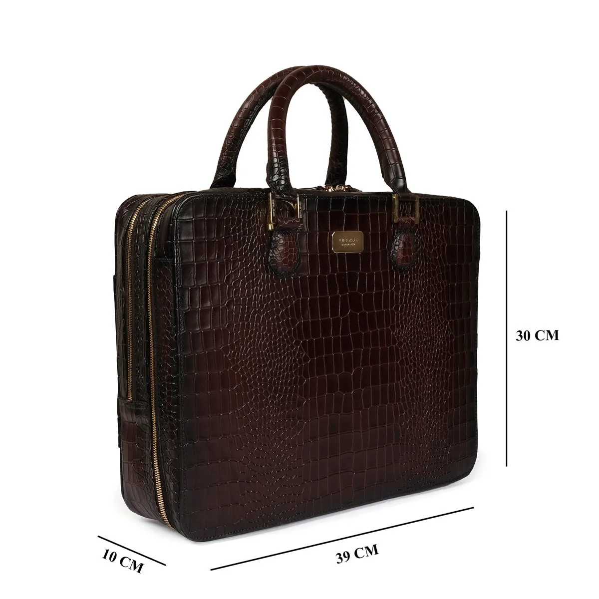 Stylish Dark Brown Laptop Briefcase in Cut Croco Leather