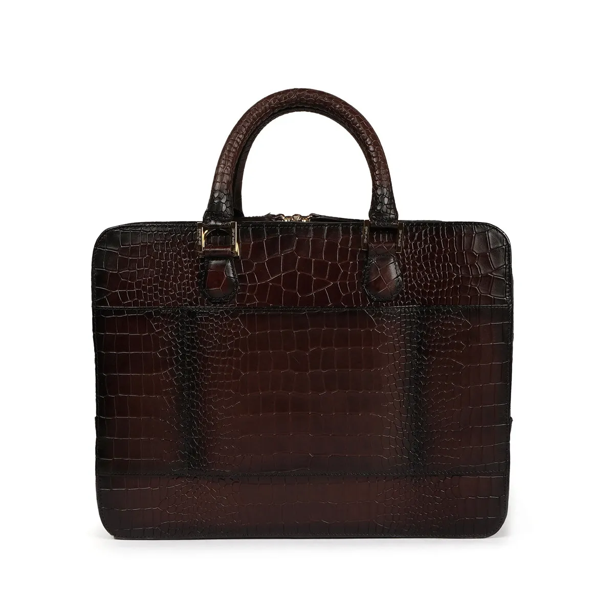 Stylish Dark Brown Laptop Briefcase in Cut Croco Leather