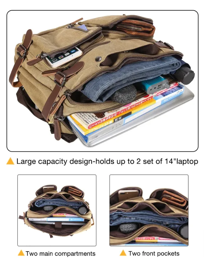 Unisex Canvas Multi-Functional Laptop Bag 8691-2 Khaki