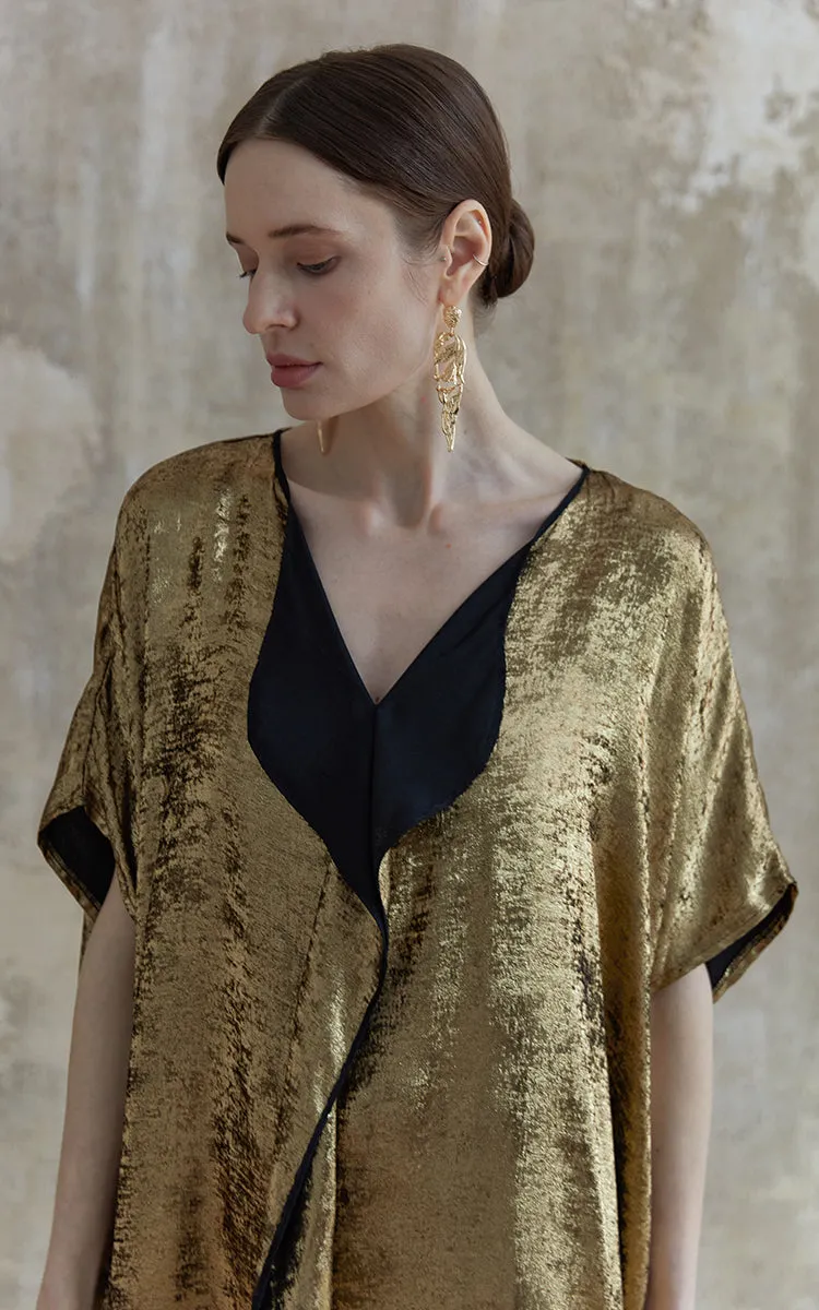 V neck loose maxi dress,vintage gold dress,women clothing zen gown