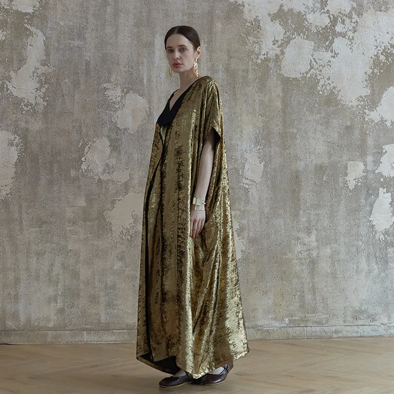 V neck loose maxi dress,vintage gold dress,women clothing zen gown